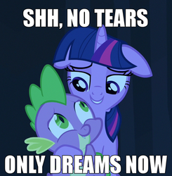 Size: 500x511 | Tagged: safe, spike, twilight sparkle, g4, crying, dreams, image macro, jimmies, spikelove, text