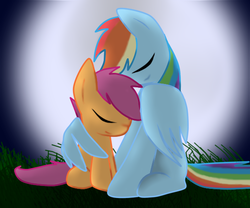 Size: 600x500 | Tagged: safe, artist:idsmehlite, rainbow dash, scootaloo, pegasus, pony, g4, sleepless in ponyville, duo, duo female, female, filly, foal, hug, mare, scene interpretation, scootalove, siblings, sisters, winghug