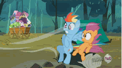 Size: 576x324 | Tagged: safe, screencap, rainbow dash, scootaloo, pegasus, pony, g4, sleepless in ponyville, animated, female, filly, hub logo, mare, maxell, sitting, wide eyes
