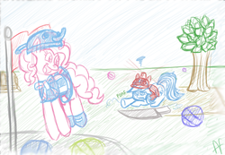 Size: 824x570 | Tagged: safe, artist:hamflo, pinkie pie, rainbow dash, g4, animal crossing, crossover, drawfag, nintendo, nintendo land, wii u