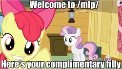 Size: 626x352 | Tagged: safe, edit, edited screencap, screencap, apple bloom, sweetie belle, g4, one bad apple, /mlp/, 4chan, caption, hub logo, image macro, reaction image