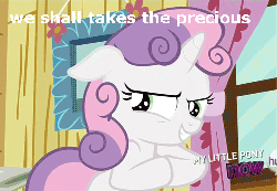 Size: 500x347 | Tagged: safe, edit, edited screencap, screencap, sweetie belle, g4, caption, gif, non-animated gif, smeagol