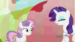 Size: 576x324 | Tagged: safe, screencap, rarity, sweetie belle, pony, unicorn, g4, season 3, sleepless in ponyville, animated, duo, female, filly, foal, galloping, hoofy-kicks, hub logo, mare, rainbow waterfall, rearing, sisters, trotting, winsome falls