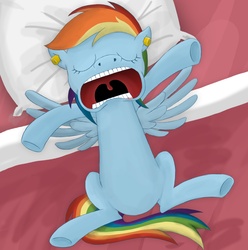 Size: 1500x1515 | Tagged: dead source, safe, artist:xioade, rainbow dash, pony, g4, sleepless in ponyville, bed, cork, featureless crotch, female, sleeping, snoring, solo, underhoof, uvula