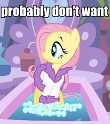 Size: 245x276 | Tagged: safe, edit, edited screencap, screencap, fluttershy, pony, g4, green isn't your color, bathrobe, clothes, cropped, do not want, female, footbath, image macro, reaction image, robe, solo