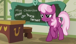 Size: 1600x930 | Tagged: safe, artist:blackgryph0n, edit, cheerilee, earth pony, pony, g4, chalkboard, female, meme, ponyville schoolhouse, solo