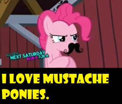 Size: 615x523 | Tagged: safe, pinkie pie, g4, spike at your service, commercial, moustache, yellow words