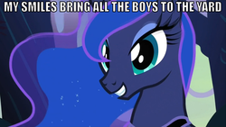 Size: 1067x600 | Tagged: safe, princess luna, g4, image macro, parody, smiling