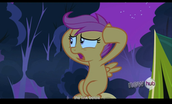 Size: 1680x1021 | Tagged: safe, screencap, scootaloo, g4, sleepless in ponyville, hub logo, solo, youtube caption