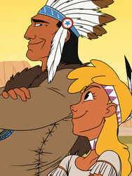 Size: 768x1024 | Tagged: safe, artist:thelivingmachine02, chief thunderhooves, little strongheart, human, g4, over a barrel, dark skin, duo, father and daughter, female, headdress, humanized, looking at each other, male, native american