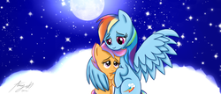 Size: 2980x1280 | Tagged: safe, artist:amy-oh, rainbow dash, scootaloo, g4, sleepless in ponyville, hug, scootalove, winghug