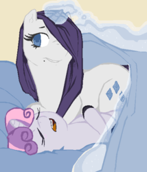 Size: 461x539 | Tagged: dead source, safe, artist:monochromaticspector, rarity, sweetie belle, g4, ask, sisters, sleeping, sweet fancy rarity