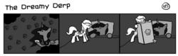 Size: 1280x404 | Tagged: safe, artist:tetrapony, derpy hooves, princess luna, pegasus, pony, comic:the daily derp, g4, bed, comic, dream, dream walker luna, duo, female, mare, monochrome, muffin, the dreamy derp