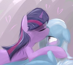 Size: 900x800 | Tagged: safe, artist:kryptchild, trixie, twilight sparkle, pony, unicorn, g4, blushing, duo, female, forehead kiss, kissing, lesbian, mare, ship:twixie, shipping, unicorn twilight