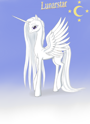 Size: 1700x2338 | Tagged: safe, artist:vasillium, oc, oc only, oc:lunarstar, alicorn, pony, fanfic:worlds apart, g1, g4, alicorn oc, fanfic, g1 to g4, generation leap, horn, lidded eyes, looking at you, raised hoof, raised leg, smiling, solo, spread wings, tail, wings