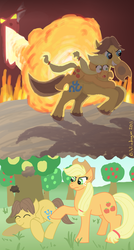 Size: 616x1146 | Tagged: safe, artist:bibliodragon, applejack, caramel, g4, dream, female, male, rescue, ship:carajack, shipping, sleeping, straight