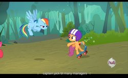 Size: 1680x1021 | Tagged: safe, screencap, rainbow dash, scootaloo, g4, sleepless in ponyville, hub logo, youtube caption