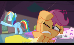 Size: 1680x1021 | Tagged: safe, screencap, rainbow dash, scootaloo, g4, sleepless in ponyville, bloodshot eyes, hub logo, youtube caption