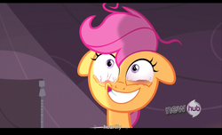 Size: 1680x1021 | Tagged: safe, screencap, scootaloo, g4, sleepless in ponyville, bloodshot eyes, hub logo, solo, youtube caption