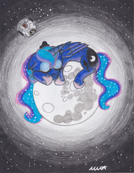 Size: 900x1160 | Tagged: safe, artist:neonredwings, princess luna, g4, mare in the moon, moon, sleeping, space, space core, tangible heavenly object, traditional art