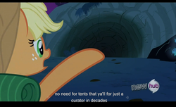 Size: 1680x1021 | Tagged: safe, screencap, applejack, g4, sleepless in ponyville, hub logo, youtube caption