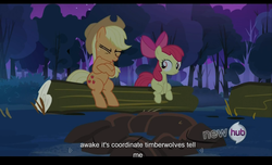 Size: 1680x1021 | Tagged: safe, screencap, applejack, scootaloo, wolf, g4, sleepless in ponyville, coordinate-timberwolves, hub logo, youtube caption