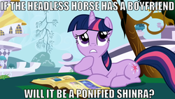 Size: 1280x720 | Tagged: safe, twilight sparkle, headless horse, g4, image macro, implied the headless horse, thinking