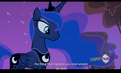 Size: 1680x1021 | Tagged: safe, edit, edited screencap, screencap, princess luna, alicorn, pony, g4, sleepless in ponyville, caption, female, hub logo, implied trixie, mare, text, wheel, youtube caption