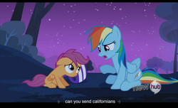 Size: 1680x1021 | Tagged: safe, screencap, rainbow dash, scootaloo, g4, sleepless in ponyville, hub logo, youtube caption