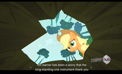 Size: 1680x1021 | Tagged: safe, screencap, applejack, g4, my little pony: friendship is magic, sleepless in ponyville, hub logo, youtube caption