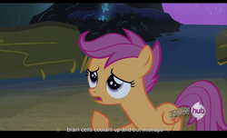 Size: 1680x1021 | Tagged: safe, screencap, scootaloo, g4, sleepless in ponyville, hub logo, solo, youtube caption