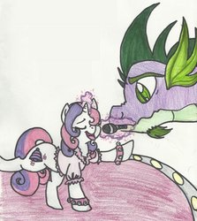 Size: 900x1008 | Tagged: dead source, safe, artist:enigmaticfrustration, spike, sweetie belle, pony, unicorn, g4, adult spike, female, magic, male, microphone, older, ship:spikebelle, shipping, singing, straight, traditional art