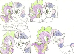 Size: 1920x1416 | Tagged: safe, artist:warrior9100, spike, sweetie belle, dragon, pony, unicorn, g4, comic, duo, female, filly, first kiss, foal, imminent kissing, kissing, male, ship:spikebelle, shipping, traditional art