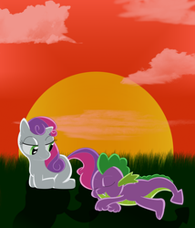 Size: 900x1050 | Tagged: safe, artist:zach-the-tiger, spike, sweetie belle, g4, female, male, ship:spikebelle, shipping, sleeping, straight, sunset