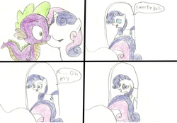 Size: 2150x1500 | Tagged: safe, artist:warrior9100, rarity, spike, sweetie belle, dragon, pony, unicorn, g4, comic, female, filly, first kiss, foal, kiss on the lips, kissing, male, mare, ship:spikebelle, shipping, traditional art