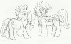 Size: 900x553 | Tagged: dead source, safe, artist:enigmaticfrustration, apple bloom, scootaloo, earth pony, pegasus, pony, g4, female, lesbian, older, ship:scootabloom, shipping, sketch