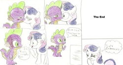 Size: 3106x1651 | Tagged: safe, artist:warrior9100, spike, sweetie belle, dragon, pony, unicorn, g4, comic, duo, female, filly, first kiss, foal, kiss on the lips, kissing, male, ship:spikebelle, shipping, the end, traditional art