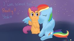 Size: 1920x1080 | Tagged: safe, artist:verminshy, rainbow dash, scootaloo, g4, night, smiling, winghug