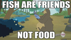 Size: 1280x718 | Tagged: safe, edit, edited screencap, screencap, bear, fish, g4, sleepless in ponyville, caption, finding nemo, hub logo, image macro