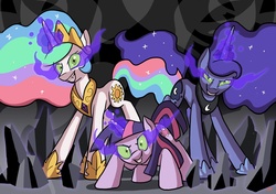 Size: 2125x1500 | Tagged: safe, artist:docwario, princess celestia, princess luna, twilight sparkle, pony, g4, clothes, crown, crystal, dark crystal, dark magic, jewelry, peytral, regalia, shoes, sombra eyes, tiara, trio