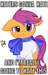 Size: 700x1082 | Tagged: safe, artist:kiddysa-bunnpire, scootaloo, pony, g4, caption, clothes, female, haters gonna hate, image macro, solo