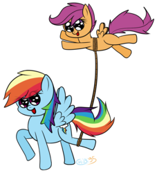 Size: 1000x1100 | Tagged: safe, artist:chibi95, rainbow dash, scootaloo, pegasus, pony, g4, duo, duo female, female, rope, scootaloo can fly, scootalove, simple background, transparent background