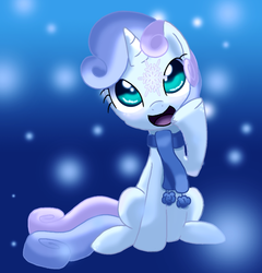 Size: 900x936 | Tagged: safe, artist:fethur, sweetie belle, pony, unicorn, g4, clothes, female, scarf, snow, snowfall, snowflake, solo, winter