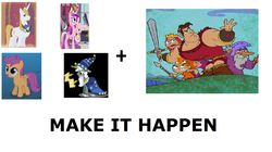 Size: 1323x742 | Tagged: safe, prince blueblood, princess cadance, scootaloo, star swirl the bearded, g4, all caps, dave the barbarian, exploitable meme, make it happen, meme, meta