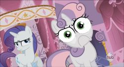 Size: 3000x1630 | Tagged: safe, edit, edited screencap, screencap, rarity, sweetie belle, g4, sleepless in ponyville, special eyes, sweetie frown