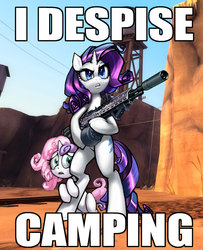 Size: 846x1040 | Tagged: safe, artist:vombavr, rarity, sweetie belle, g4, dustbowl, gun, image macro, m14, rarity despises camping, rifle, team fortress 2
