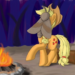 Size: 1902x1906 | Tagged: safe, artist:otakuap, applejack, oc, oc:fluffy the bringer of darkness, earth pony, giant moth, insect, moth, pony, g4, sleepless in ponyville, animal, applejack's hat, campfire, cowboy hat, facemoth, female, giant insect, hat, mare, messy mane, raised hoof, wat
