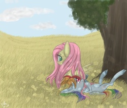 Size: 1400x1200 | Tagged: safe, artist:silbersternenlicht, fluttershy, rainbow dash, g4, blushing, female, grass, lesbian, looking back, on back, prone, scenery, ship:flutterdash, shipping, tree