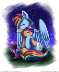 Size: 800x964 | Tagged: safe, artist:inuhoshi-to-darkpen, rainbow dash, scootaloo, pegasus, pony, g4, backwards cutie mark, cuddling, duo, duo female, eyes closed, female, filly, hug, night, scootalove, sitting, smiling, snuggling, unshorn fetlocks