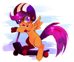 Size: 900x750 | Tagged: dead source, safe, artist:kunaike, scootaloo, pegasus, pony, g4, abstract background, bipedal, bipedal leaning, blank flank, cute, cutealoo, female, filly, helmet, leaning, open mouth, scooter, signature, solo, spread wings, wings